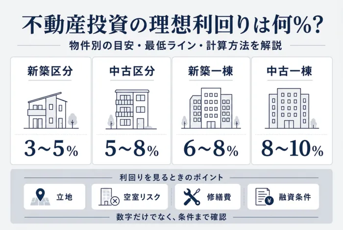 不動産投資の理想利回りの目安を図解したアイキャッチ画像で、新築区分3〜5％、中古区分5〜8％、新築一棟6〜8％、中古一棟8〜10％の比較と、立地・空室リスク・修繕費・融資条件の確認ポイントを整理している